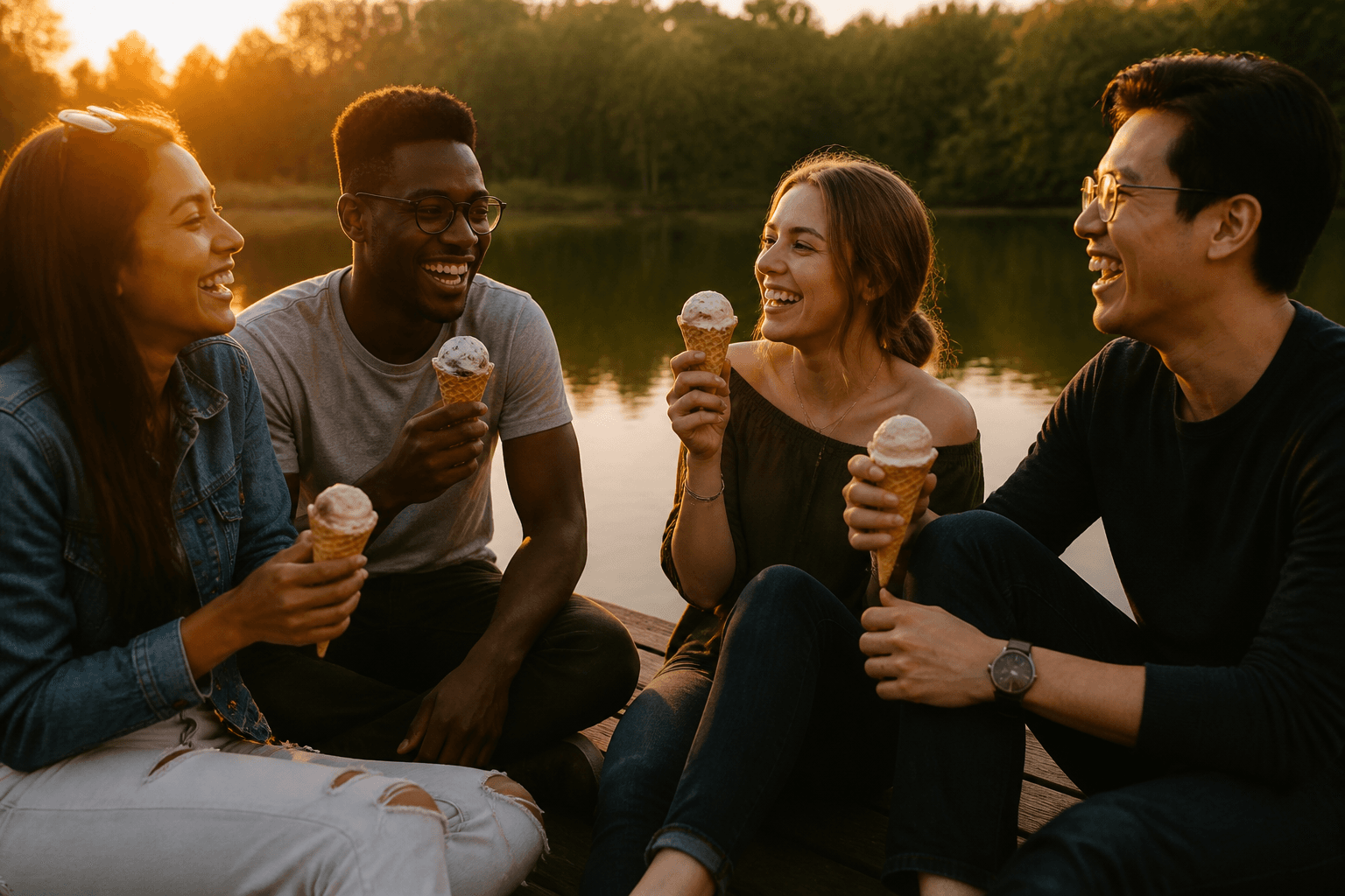 Friends enjoying ice cream by the lake at sunset